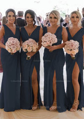 Prom Dresses Classy, Sheath/Column Cowl Neck Sleeveless Chiffon Bridesmaid Dresses With Pleated Split