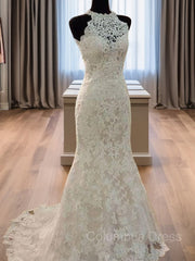 Wedding Dress Fitted, Sheath/Column Halter Sweep Train Lace Wedding Dresses