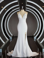 Wedding Dresses With Sleeves Lace, Sheath/Column Halter Sweep Train Stretch Crepe Wedding Dresses with Leg Slit