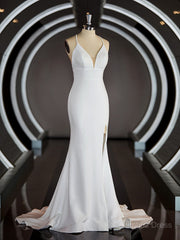 Wedding Dresses With Color, Sheath/Column Halter Sweep Train Stretch Crepe Wedding Dresses with Leg Slit
