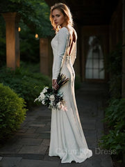 Wedding Dress Couture, Sheath/Column Jewel Sweep Train Stretch Crepe Wedding Dresses