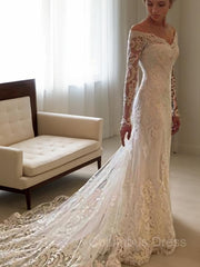 Wedding Dresses A Line Romantic, Sheath/Column Off-the-Shoulder Court Train Lace Wedding Dresses With Appliques Lace