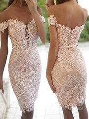 Prom Dresses For Black, Sheath/Column Off-the-Shoulder Knee-Length Lace Homecoming Dresses