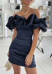 Bridesmaids Dress Inspiration, Sheath/Column Off-the-Shoulder Sleeveless Satin Short/Mini Homecoming Dress With Ruffles