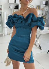 Bridesmaid Dresses Inspiration, Sheath/Column Off-the-Shoulder Sleeveless Satin Short/Mini Homecoming Dress With Ruffles