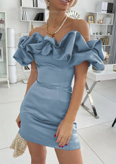 Bridesmaid Dress Inspiration, Sheath/Column Off-the-Shoulder Sleeveless Satin Short/Mini Homecoming Dress With Ruffles