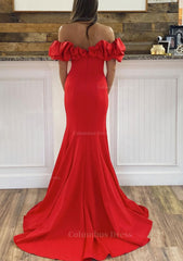 Debutant Dress, Sheath/Column Off-the-Shoulder Sleeveless Sweep Train Satin Prom Dress With Ruffles Split