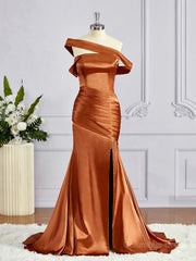 Prom Dresses Boutique, Sheath/Column Off-the-Shoulder Sweep Train Silk like Satin Bridesmaid Dresses with Leg Slit