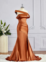 Prom Dress Boutique, Sheath/Column Off-the-Shoulder Sweep Train Silk like Satin Bridesmaid Dresses with Leg Slit