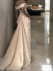 Wedding Dresses With Pockets, Sheath/Column Off-the-Shoulder Sweep Train Silk like Satin Wedding Dresses With Leg Slit