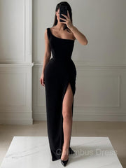 Prom Dresses Two Piece, Sheath/Column One-Shoulder Floor-Length Stretch Crepe Prom Dresses With Leg Slit