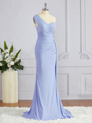Prom Dress Type, Sheath/Column One-Shoulder Sweep Train Jersey Bridesmaid Dresses