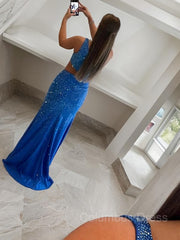 Prom Dress Gown, Sheath/Column One-Shoulder Sweep Train Jersey Prom Dresses With Leg Slit