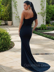 Party Dress Styles, Sheath/Column One-Shoulder Sweep Train Jersey Prom Dresses With Leg Slit