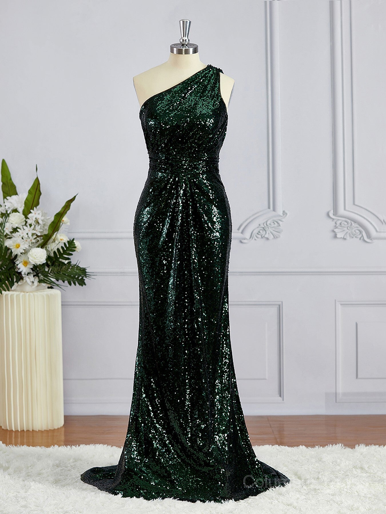 Prom Dressed Ball Gown, Sheath/Column One-Shoulder Sweep Train Sequins Bridesmaid Dresses