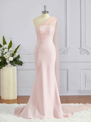 Prom Dresses Open Back, Sheath/Column One-Shoulder Sweep Train Stretch Crepe Bridesmaid Dresses
