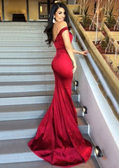 Bridesmaids Dresses Red, Sheath/Column Sleeveless Sweetheart Sweep Train Elastic Satin Prom Dress