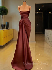 Prom Dresses For 35 Year Olds, Sheath/Column Spaghetti Straps Floor-Length Elastic Woven Satin Prom Dresses With Ruffles