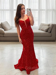 Evening Dress Red, Sheath/Column Spaghetti Straps Sweep Train Prom Dresses