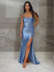 Prom Dress Elegent, Sheath/Column Spaghetti Straps Sweep Train Silk like Satin Prom Dresses With Leg Slit