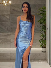 Prom Dress Shopping Near Me, Sheath/Column Spaghetti Straps Sweep Train Silk like Satin Prom Dresses With Leg Slit