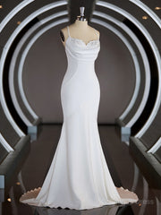 Wedding Dress Long Sleeve, Sheath/Column Square Court Train Stretch Crepe Wedding Dresses with Ruffles