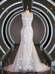 Wedding Dresses With Pockets, Sheath/Column Straps Sweep Train Lace Wedding Dresses with Appliques Lace