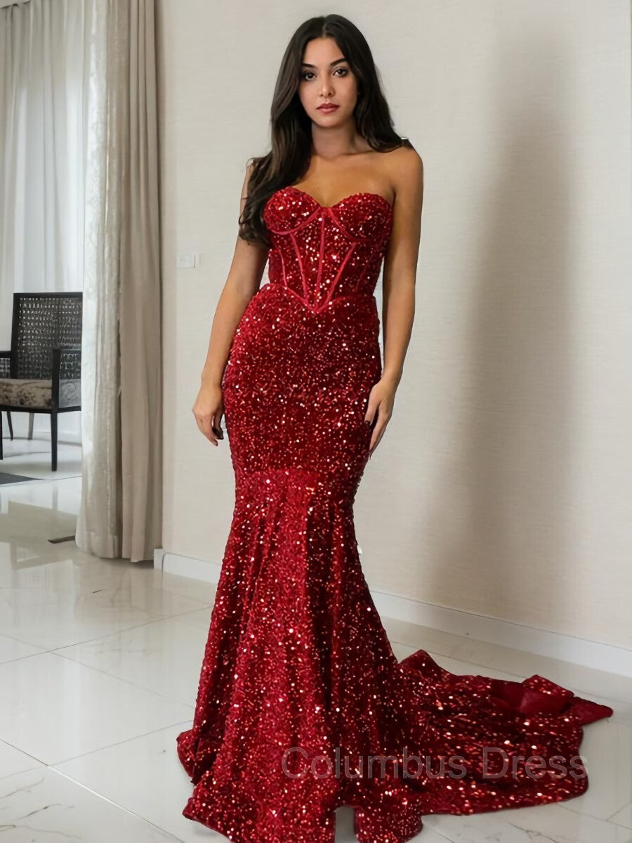 Prom Dresses White And Gold, Sheath/Column Sweetheart Court Train Velvet Sequins Prom Dresses With Ruffles