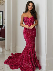 Red Prom Dress, Sheath/Column Sweetheart Court Train Velvet Sequins Prom Dresses With Ruffles
