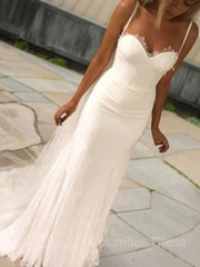 Wedding Dress Girl, Sheath/Column Sweetheart Sweep Train Lace Wedding Dresses