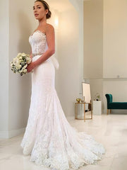 Wedding Dress Lace A Line, Sheath/Column Sweetheart Sweep Train Lace Wedding Dresses With Beading