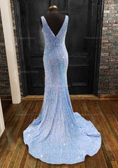 Prom Dress Blue Lace, Sheath/Column Trumpet/Mermaid V Neck Sleeveless Velvet Sequins Sweep Train Prom Dress