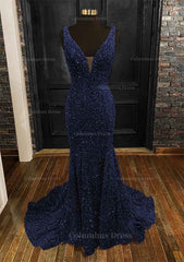 Prom Dresses Light Blue, Sheath/Column Trumpet/Mermaid V Neck Sleeveless Velvet Sequins Sweep Train Prom Dress