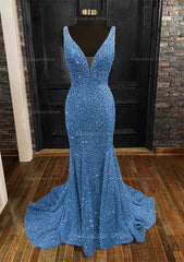 Prom Dress Light Blue, Sheath/Column Trumpet/Mermaid V Neck Sleeveless Velvet Sequins Sweep Train Prom Dress