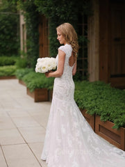 Wedding Dress Jewelry, Sheath/Column V-neck Court Train Lace Wedding Dresses With Appliques Lace