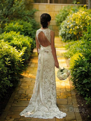 Wedding Dresses Fabric, Sheath/Column V-neck Court Train Lace Wedding Dresses With Belt/Sash