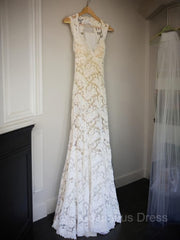 Wedding Dresses With Long Trians, Sheath/Column V-neck Court Train Lace Wedding Dresses With Belt/Sash