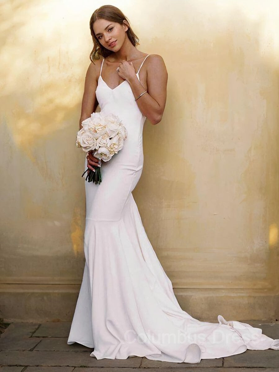Wedding Dress Bridesmaid, Sheath/Column V-neck Court Train Stretch Crepe Wedding Dresses