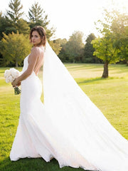 Wedding Dress With Strap, Sheath/Column V-neck Court Train Stretch Crepe Wedding Dresses