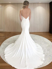 Wedding Dress Under 507, Sheath/Column V-neck Court Train Stretch Crepe Wedding Dresses