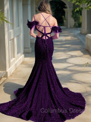 Wedding Color, Sheath/Column V-neck Court Train Velvet Sequins Prom Dresses