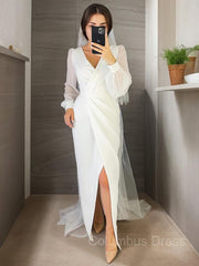 Wedding Dresses On Sale, Sheath/Column V-neck Floor-Length Chiffon Wedding Dresses