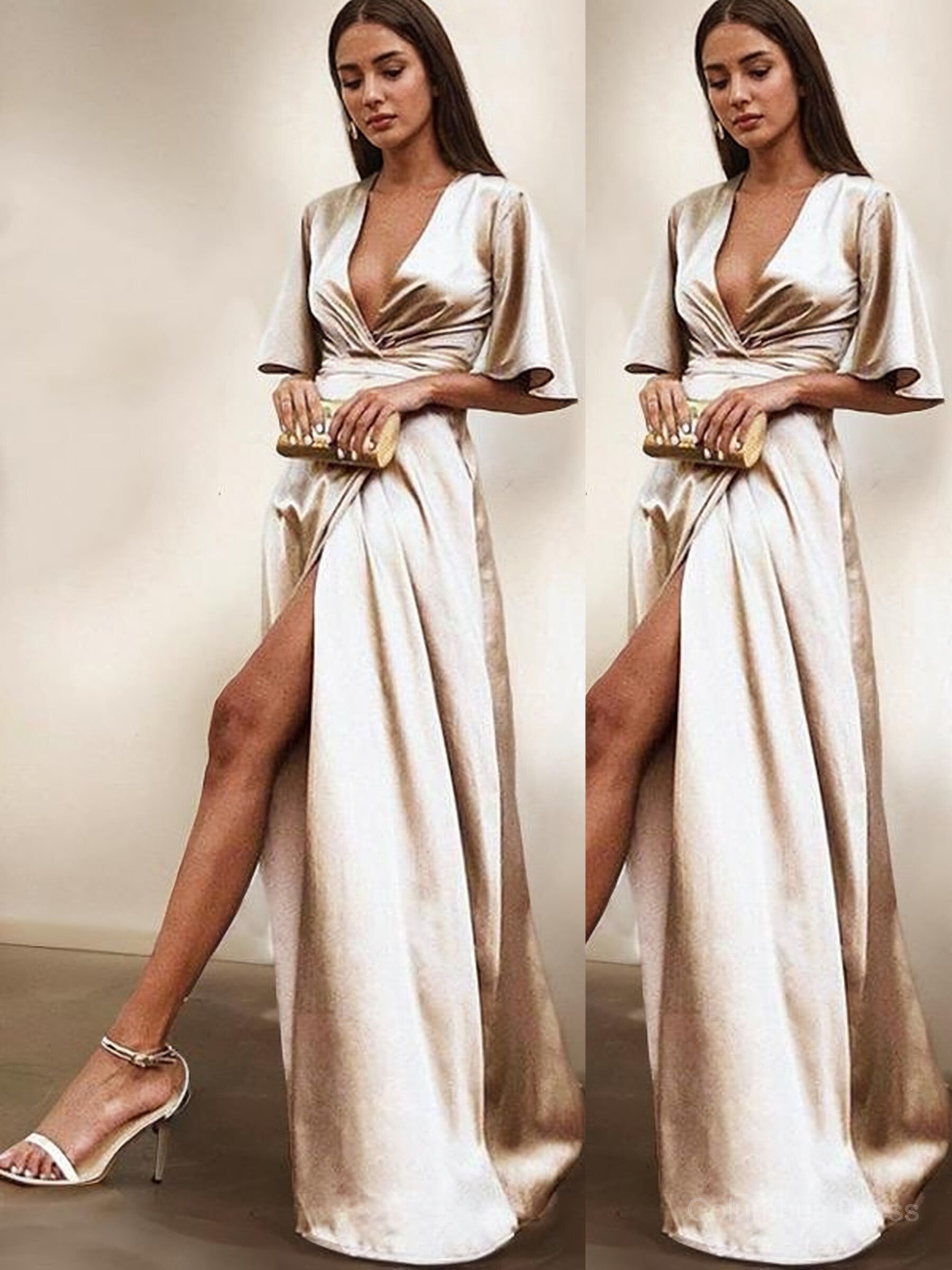 Prom Dress Long Open Back, Sheath/Column V-neck Floor-Length Silk like Satin Evening Dresses With Leg Slit