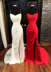 Prom Dresses With Sleeve, Sheath/Column V Neck Spaghetti Straps Sweep Train Satin Prom Dress With Pleated Split