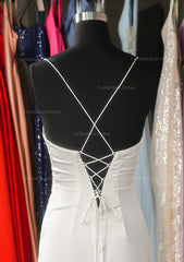Prom Dress With Sleeves, Sheath/Column V Neck Spaghetti Straps Sweep Train Satin Prom Dress With Pleated Split