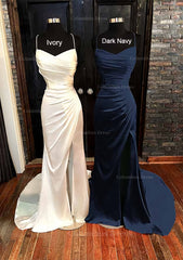 Prom Dress With Sleeve, Sheath/Column V Neck Spaghetti Straps Sweep Train Satin Prom Dress With Pleated Split