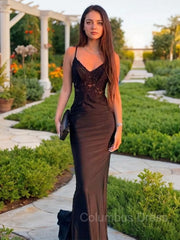 Prom Dresses Black Girl, Sheath/Column V-neck Sweep Train Elastic Woven Satin Prom Dresses With Appliques Lace