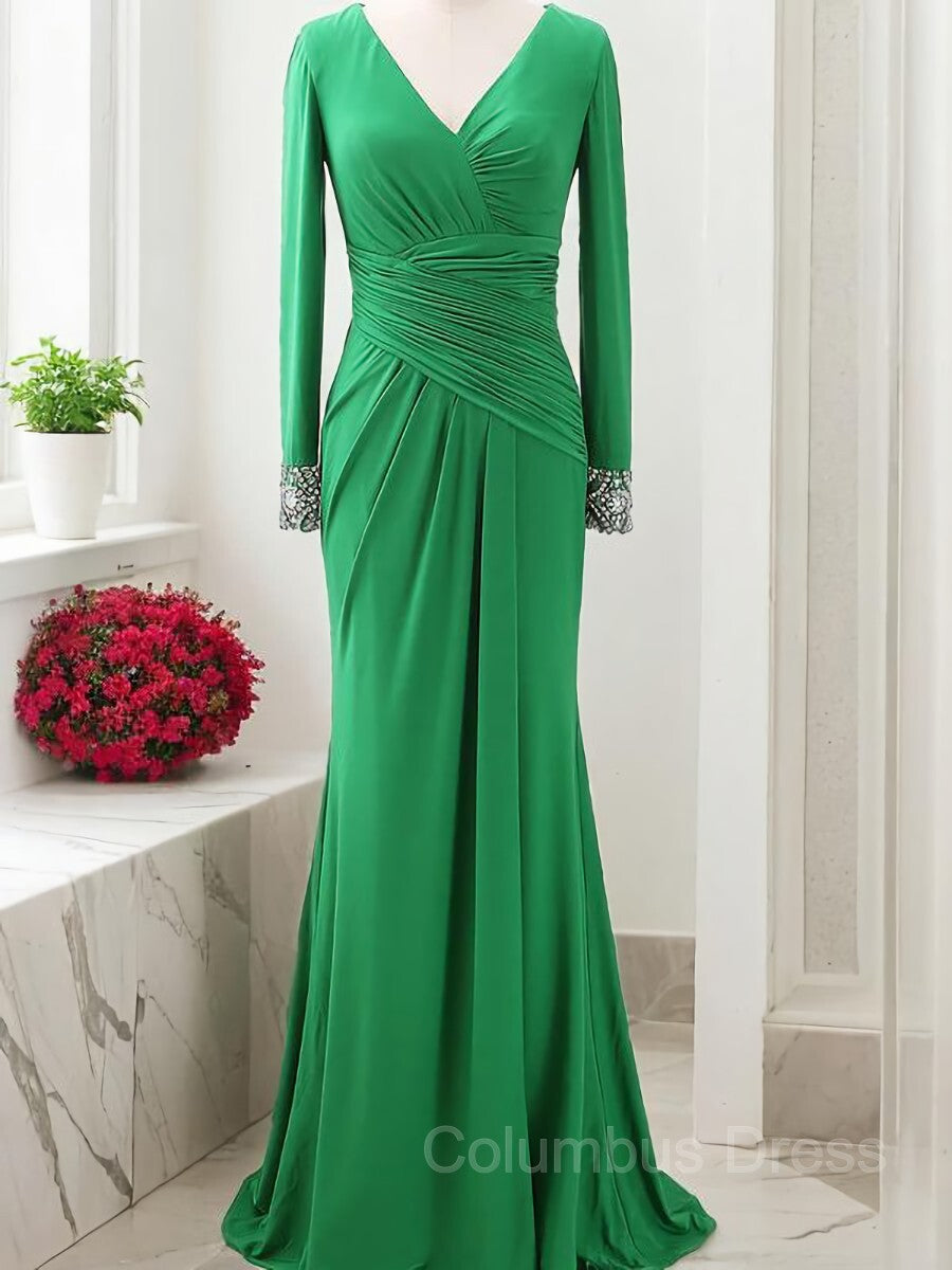 Bridesmaid Dress Convertible, Sheath/Column V-neck Sweep Train Jersey Mother of the Bride Dresses With Ruffles
