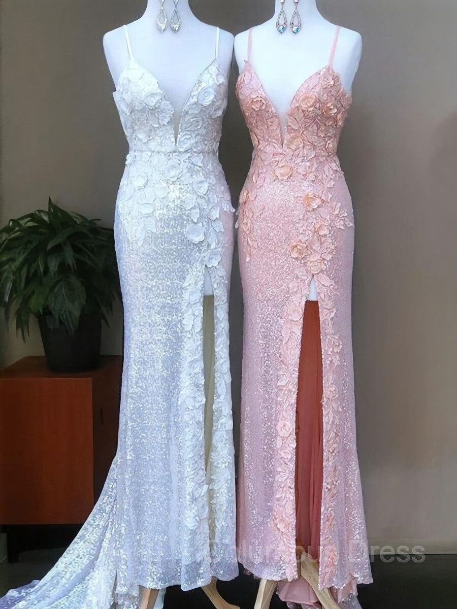 Prom Dress With Long Sleeves, Sheath/Column V-neck Sweep Train Sequins Prom Dresses With Leg Slit