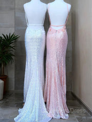 Prom Dress Casual, Sheath/Column V-neck Sweep Train Sequins Prom Dresses With Leg Slit